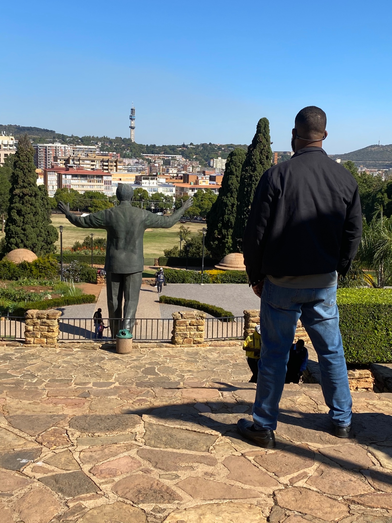 Jay Cameron looking out at the Nelson Mandela statue in Pretoria